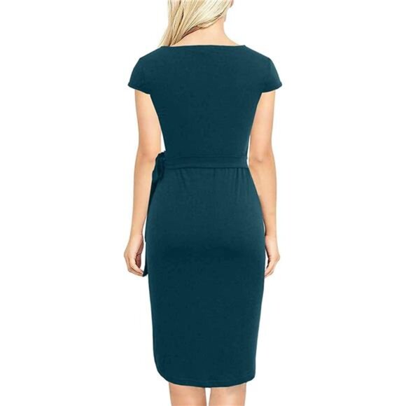 Women's Vintage Cap Sleeves Pencil Faux Wrap Dresses Teal - Picture 2 of 4